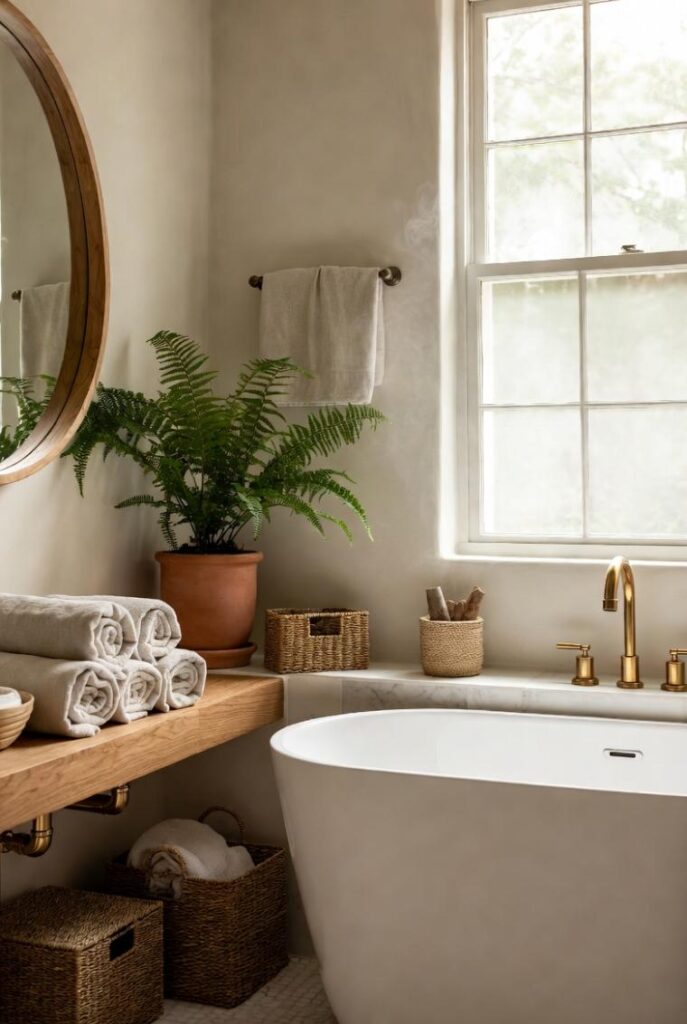 Arredare casa con colori neutri in bagno spa, vasca bianca rattan legno ottone dorato, pareti crema pianta felce.