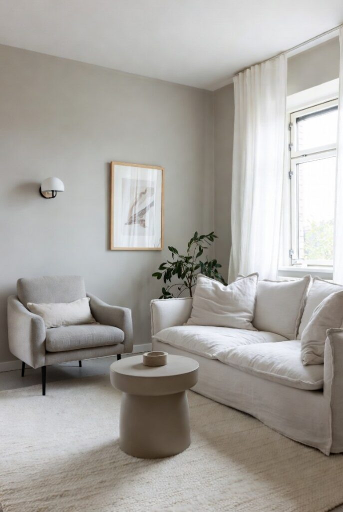 Arredare casa con colori neutri stile nordico minimal, poltrona grigia divano bianco tortora, cemento tende bianche.