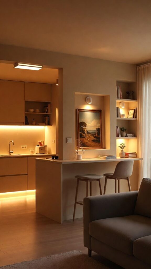 Arredare casa piccola luci artificiali: cucina con strip LED sotto pensili, quadro spotlight, bancone e divano caldo