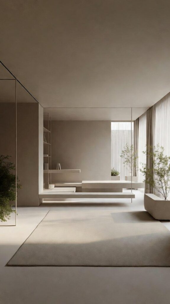 Arredare casa piccola pareti tono su tono: soggiorno minimal beige con specchi, piante e arredi sospesi uniformi rilassanti
