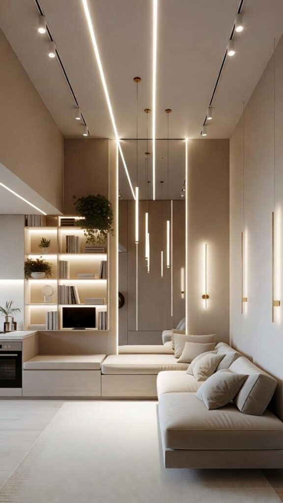 Arredare casa piccola illuminazione verticale: monolocale con binari LED soffitto, lampade filiformi, divano e mensole piante beige