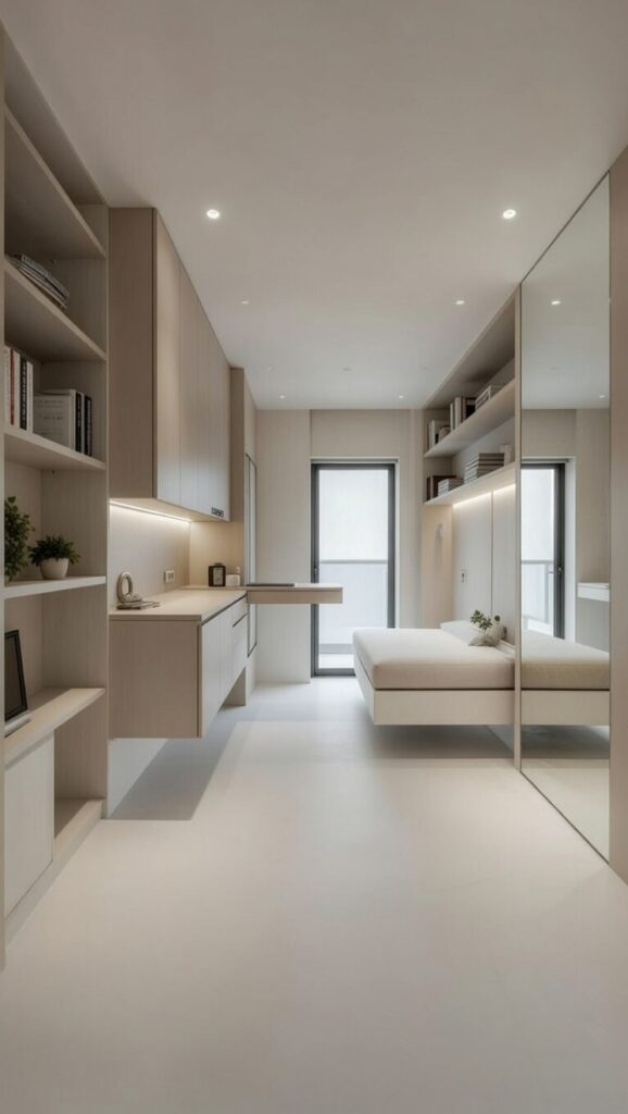 Arredare casa piccola mobili sospesi: camera con letto fluttuante, pensili cucina fissi, mensole illuminate e specchio pavimento libero