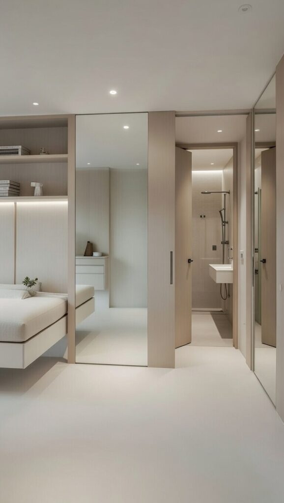 Arredare casa piccola porte scorrevoli: transizione camera a bagno con specchio, letto sospeso e doccia compatta