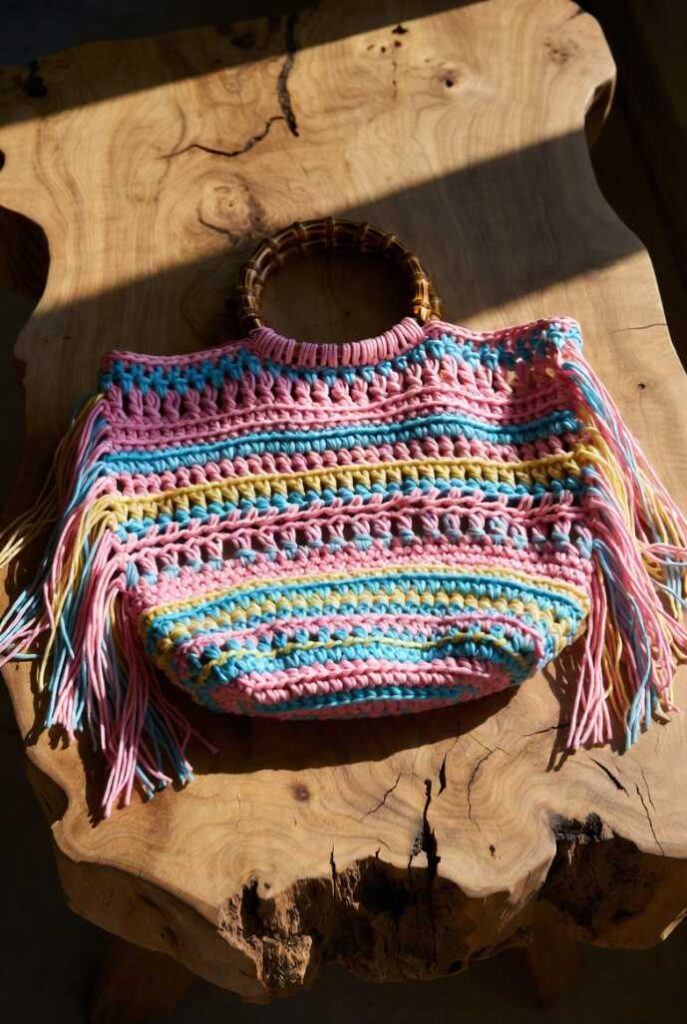 Borsa uncinetto fatta a mano multicolore rosa giallo blu con manici bambù rotondi e frange, texture crochet dettagliata su tavolo legno chiaro