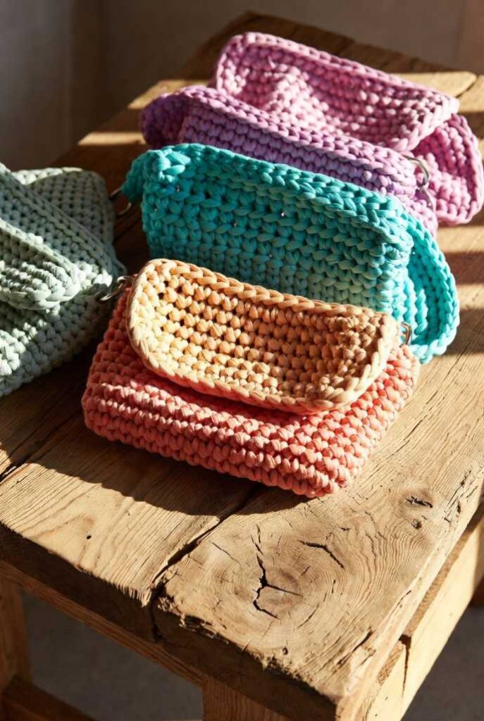 Borse uncinetto fatte a mano pochette colorate rosa verde menta arancio texture crochet impilate su tavolo legno rustico luminoso
