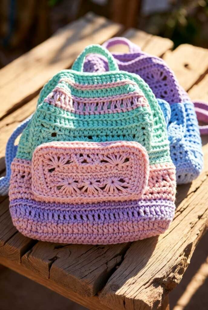 Borse uncinetto fatte a mano zainetti crochet colorati viola verde menta rosa pattern floreali su tavolo legno luminoso