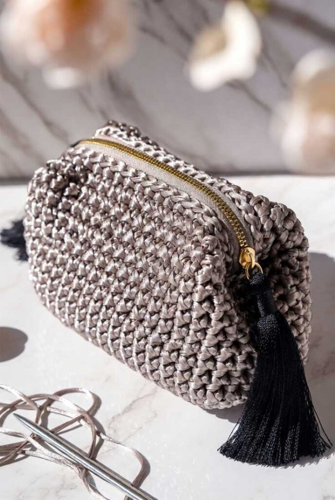 Borsa uncinetto fatta a mano pochette grigio argento texture velluto zip oro nappa nera su marmo bianco petali rosa