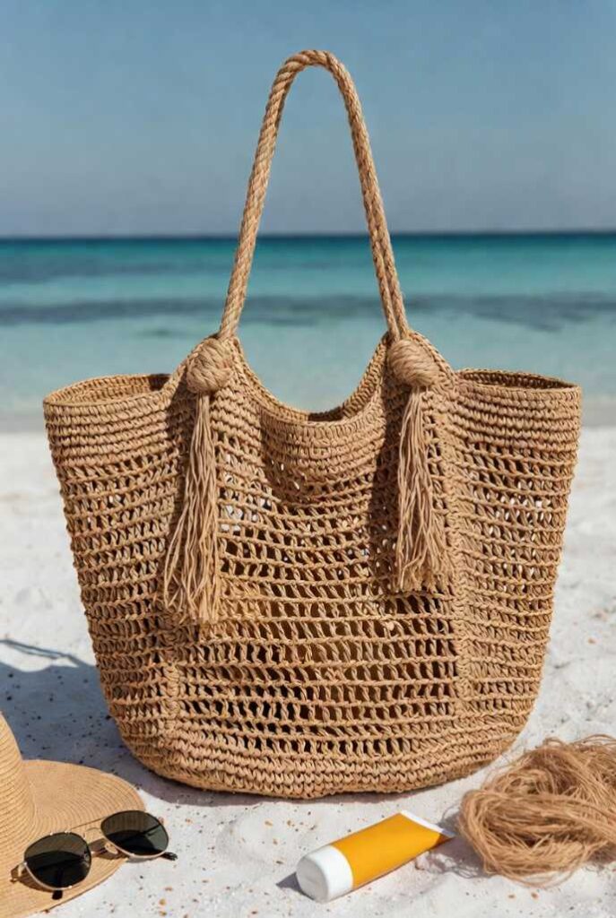 Borsa uncinetto fatta a mano mare oversize rafia intrecciata manici corda grezza su sabbia occhiali crema solare sfondo mare