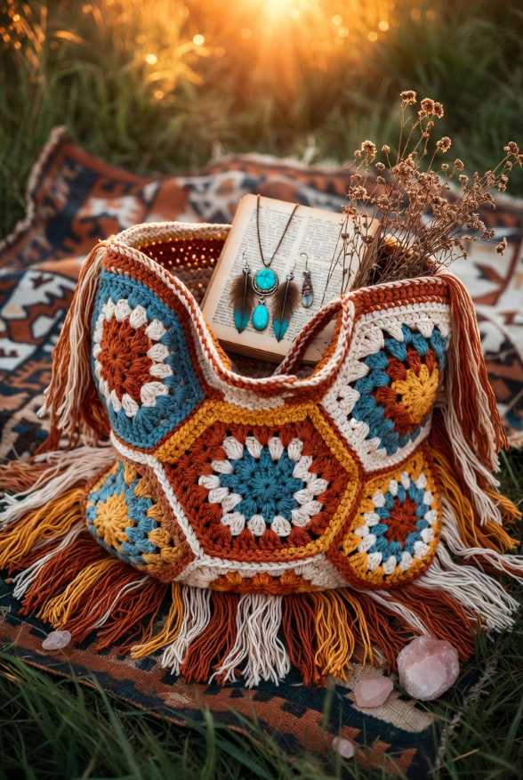 Borsa uncinetto fatta a mano boho granny square esagonali multicolore arancione blu bianco frange su tappeto kilim erba tramonto 