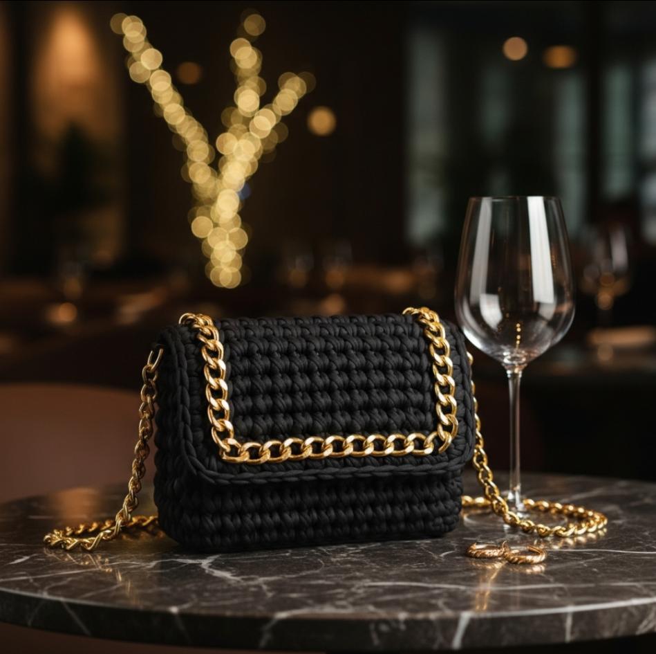 Borsa uncinetto fatta a mano nera intrecciata catena oro su tavolo marmo bicchiere vino luci natalizie
