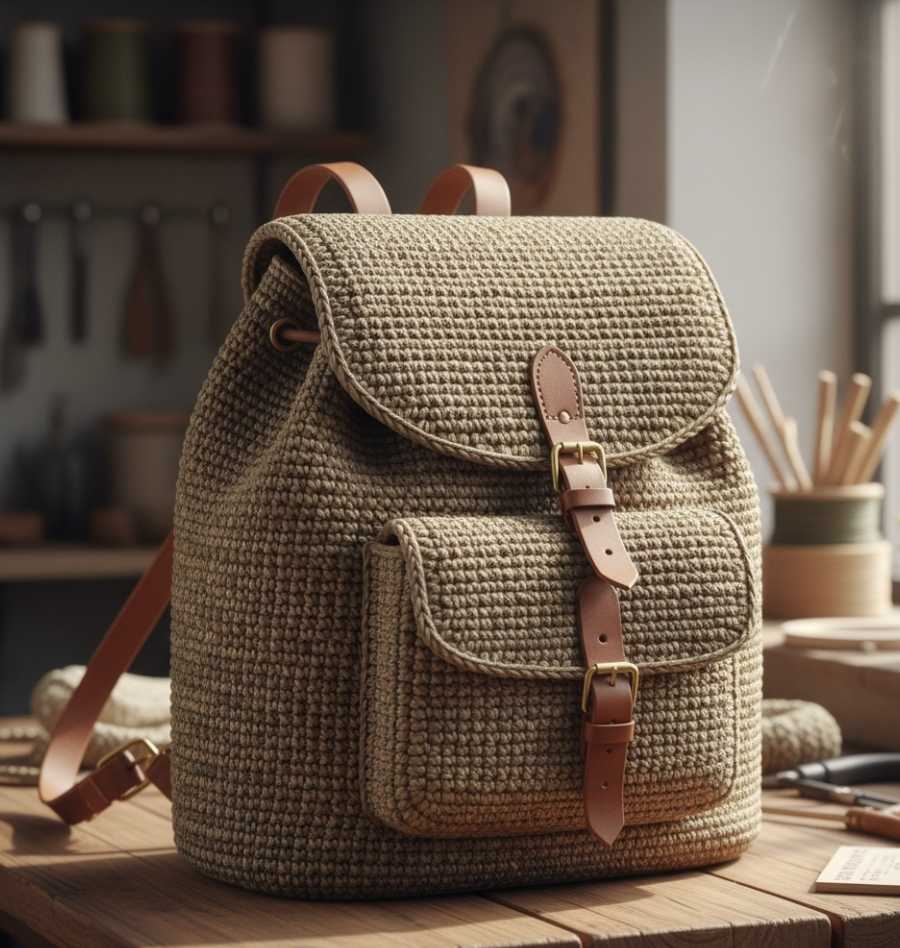 Borsa uncinetto fatta a mano zainetto cordino beige cinghie pelle su tavolo legno laboratorio vasi utensili 