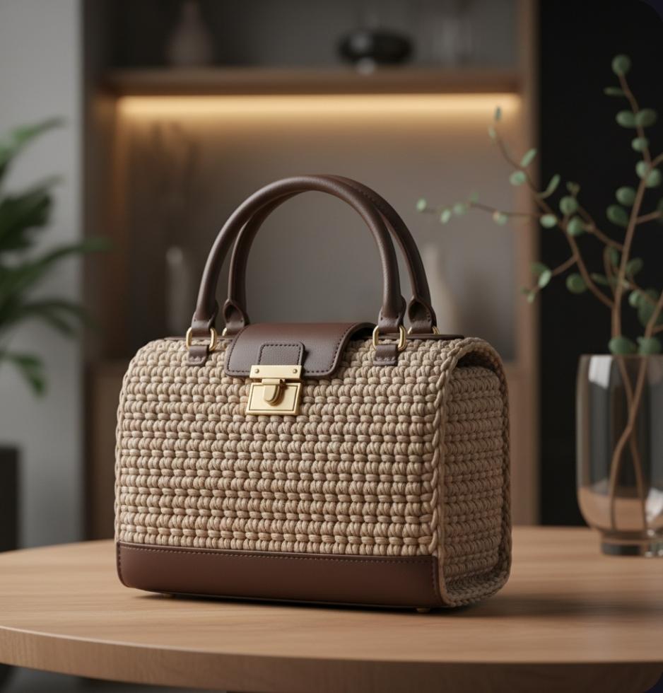 Borsa uncinetto fatta a mano bauletto cordino beige dettagli pelle manici chiusura oro su tavolo legno interno moderno