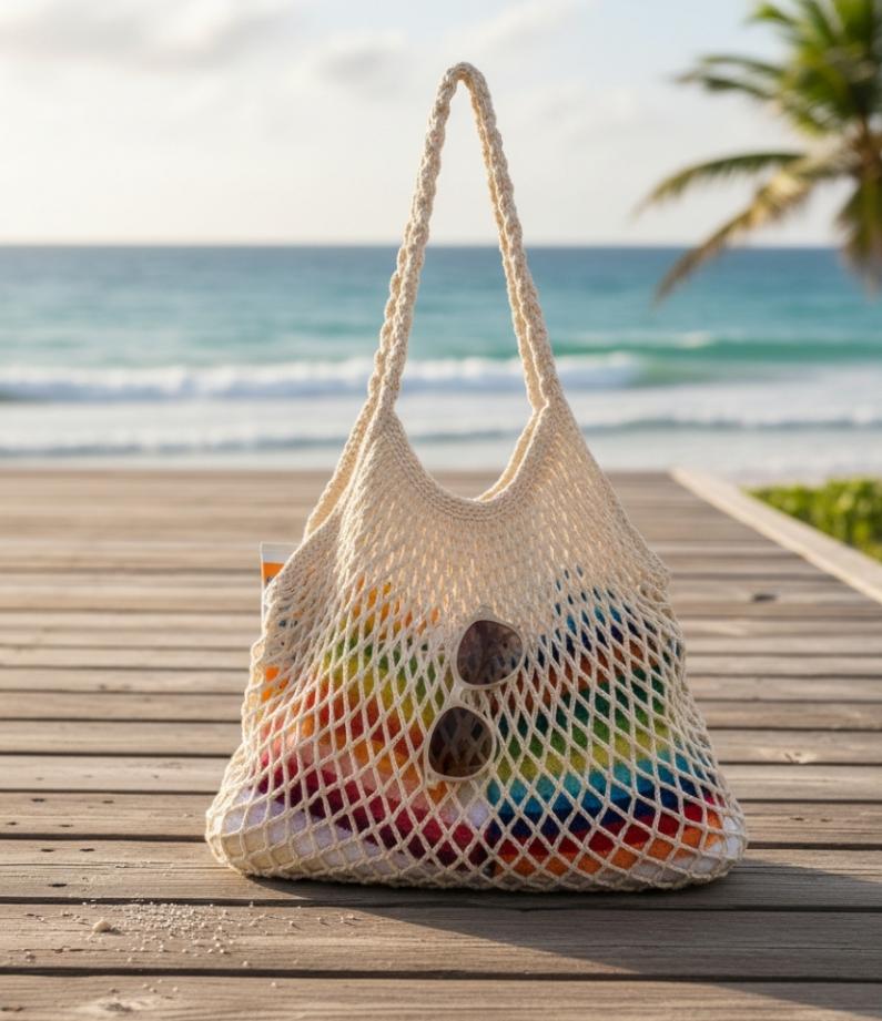Borsa uncinetto fatta a mano rete bianca multicolor arcobaleno occhiali sole molo legno mare palma 