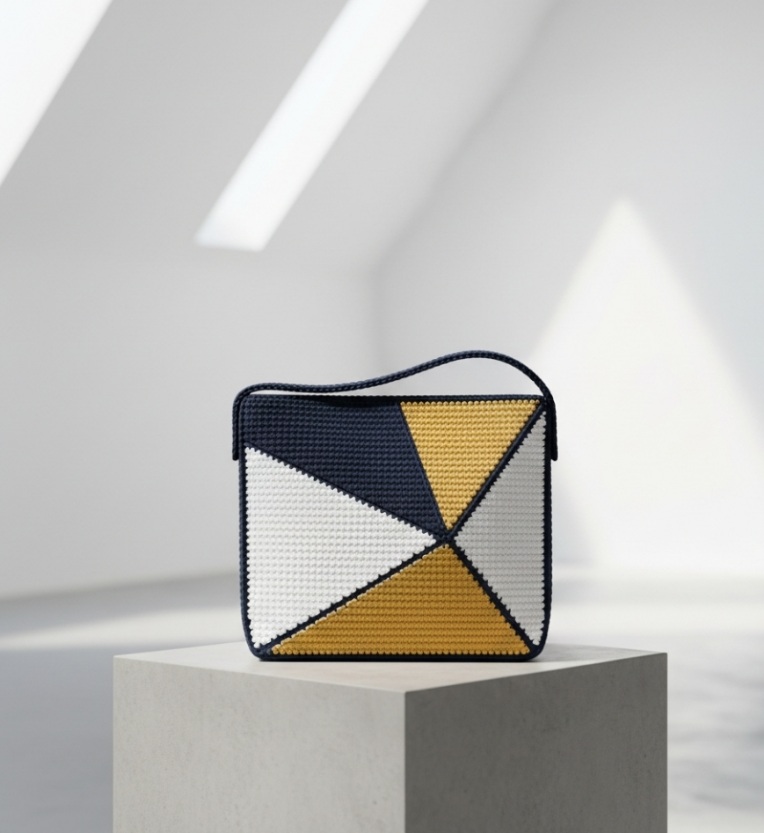 Borsa uncinetto fatta a mano design geometrico blu navy giallo oro bianco texture intrecciata su piedistallo minimal