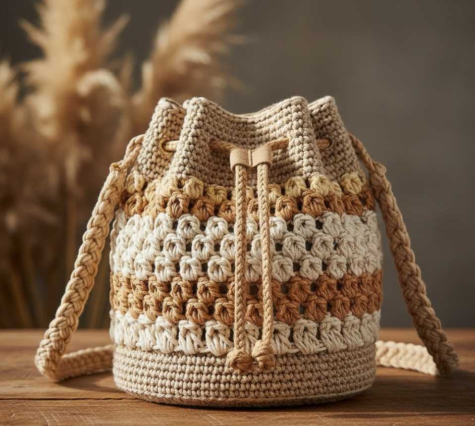 Borsa uncinetto fatta a mano bucket beige marrone bianco righe texture crochet pampas sfondo morbido