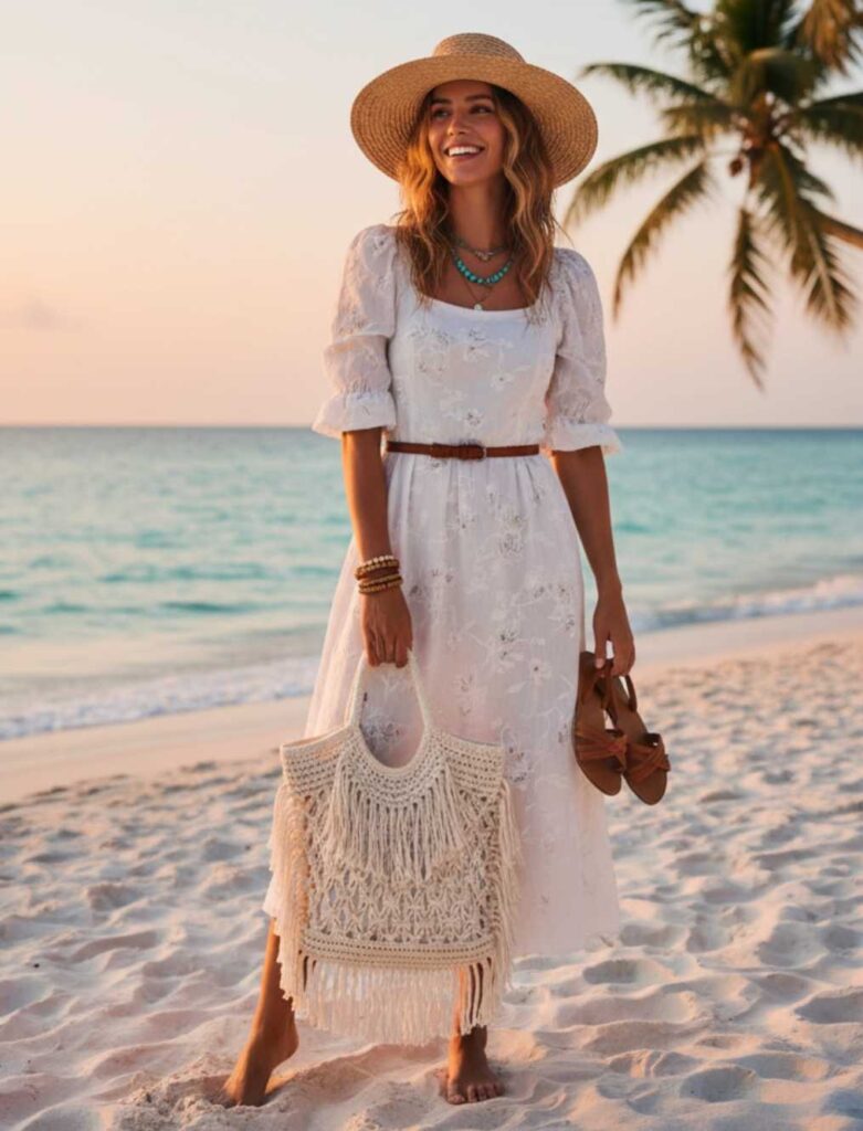 Borsa uncinetto fatta a mano rafia bianca frange donna abito midi floreale cappello paglia sandali spiaggia palma tramonto