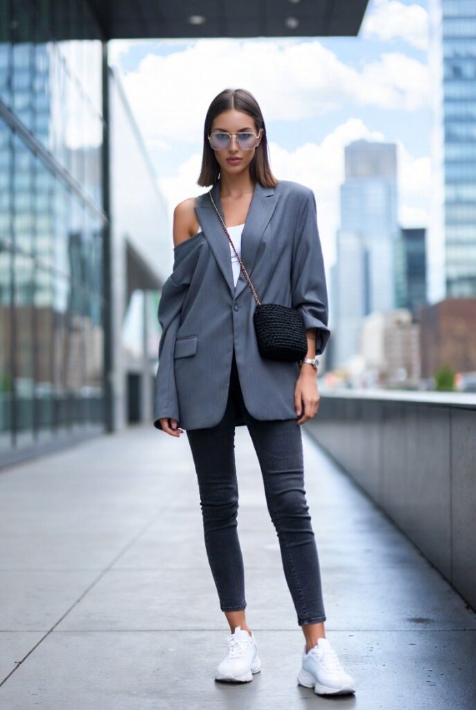 Borsa uncinetto fatta a mano nera tracolla donna jeans skinny blazer grigio sneakers bianche skyline urbano
