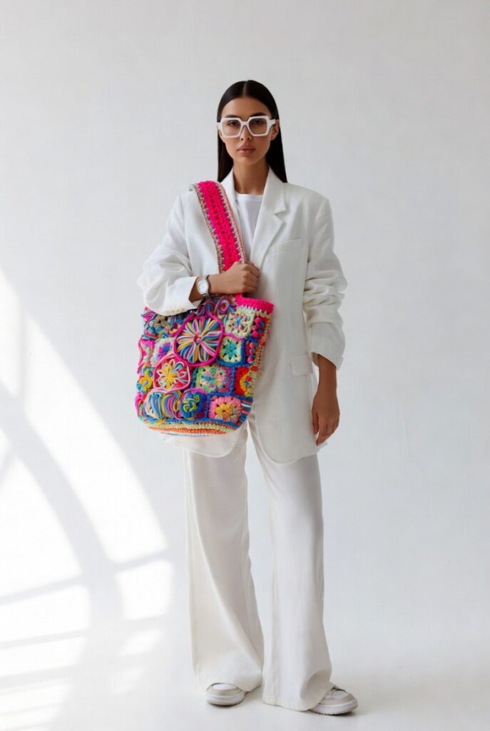 Donna in total white con occhiali bianchi che regge una grande borsa uncinetto multicolore con fiori e texture decorative – outfit minimal con accessorio boho fatto a mano