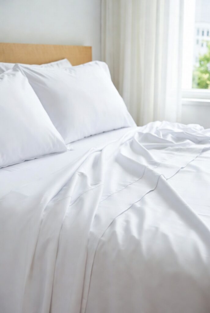 Lenzuola cotone percalle bianco traspirante per completi letto invernali, letto pulito e minimal con testiera legno