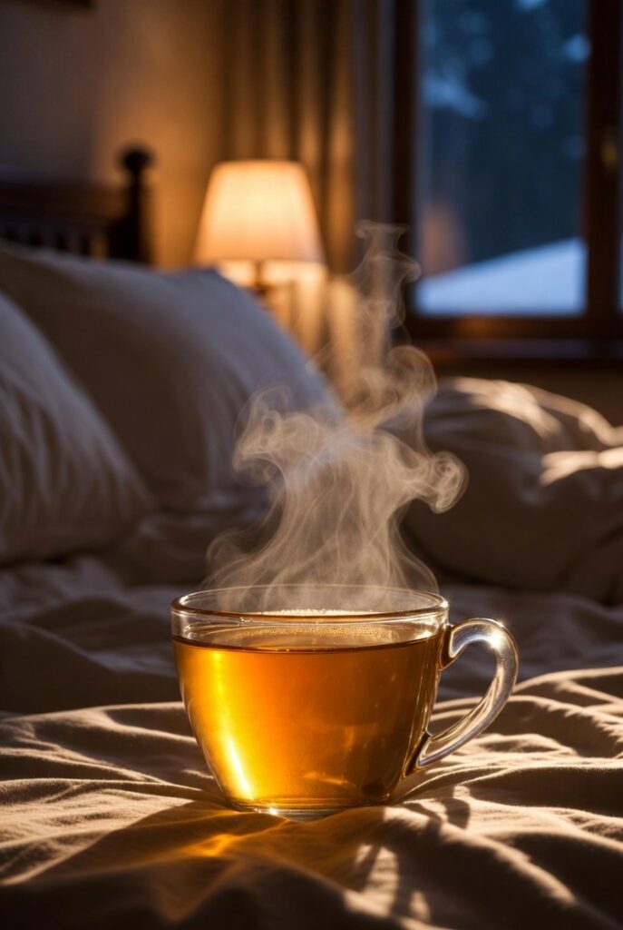Tazza tisana fumante su letto con completi letto invernali, luce calda e atmosfera relax invernale