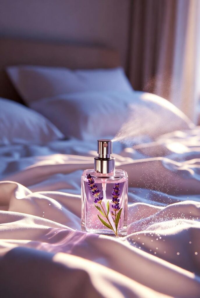 Flacone spray lavanda che profuma lenzuola completi letto invernali, gocce fini su tessuto bianco morbido