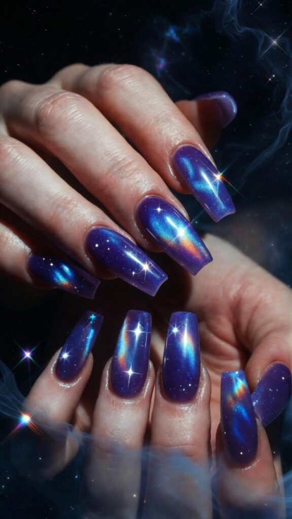 unghie effetto cat eye galaxy su shape coffin con stelle micro matte