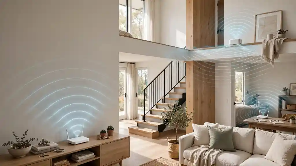 Wi-Fi lento: sistema mesh per coprire tutta la casa Sistema Wi-Fi mesh con più dispositivi posizionati su più piani di una casa, onde di segnale che coprono soggiorno, scale e camera
