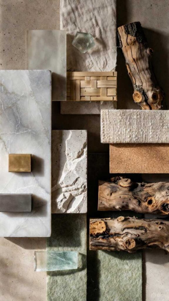 Moodboard materiali tendenze interior design 2026: marmo, pietra calcarea, legno grezzo, ottone satinato, lino lana bouclé texture porose eco