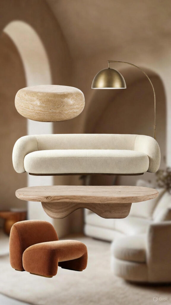 Moodboard forme tendenze interior design 2026: divani curvi bouclé, tavoli ovali legno grezzo, poltrone arrotondate organiche fluide 