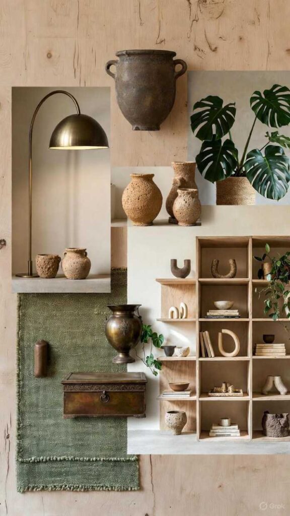Moodboard accessori mobili tendenze interior design 2026: lampade ottone, ceramiche terracotta, librerie legno modulari piante vintage tappeti tessuti