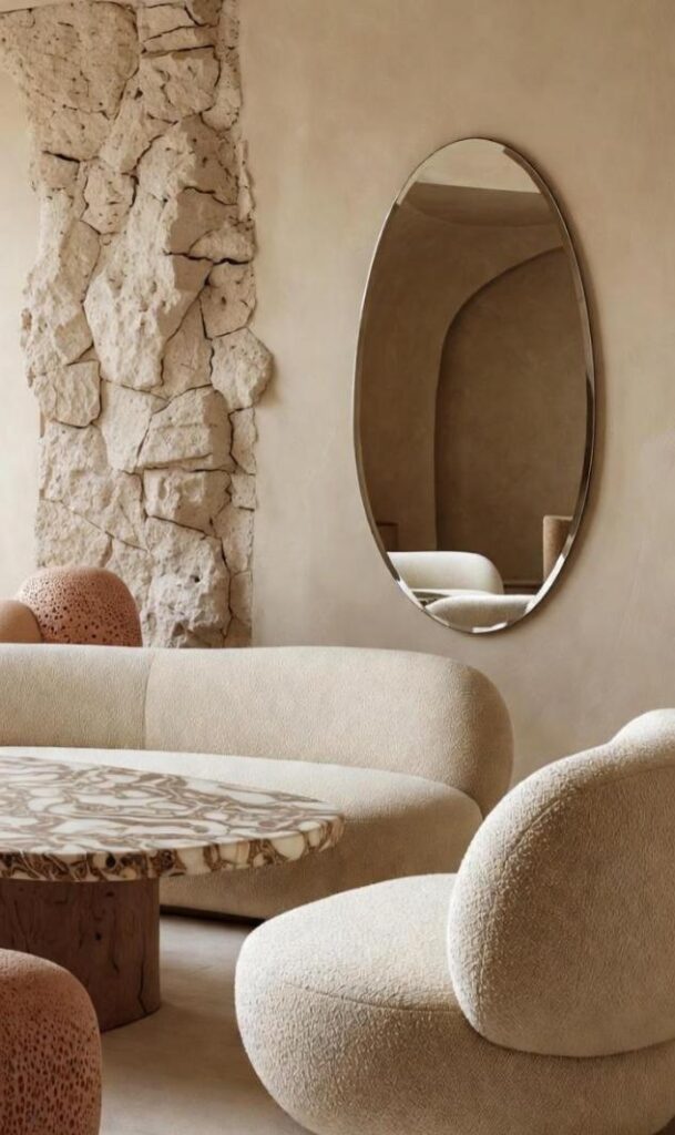 Curvatura forme tendenze interior design 2026: poltrone tondeggianti bouclé, tavoli ovali marmo venato, specchi irregolari pouf organici