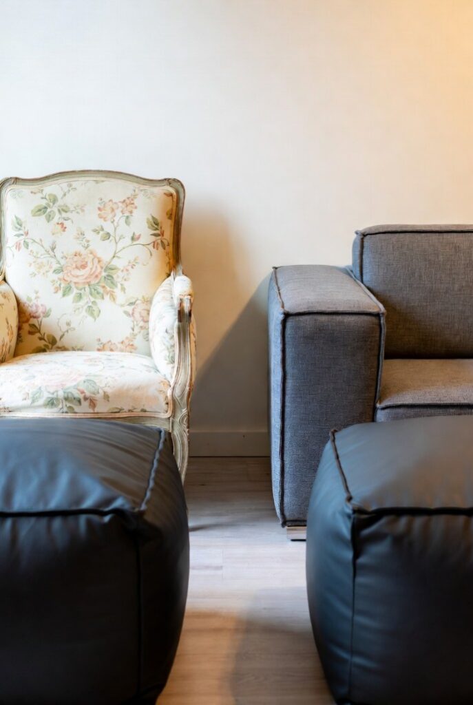 Poltrone antiche tapizzate a fiori con sofa modulare grigio e pouf geometrici: mix sedute per abbinare arredamento antico e moderno.