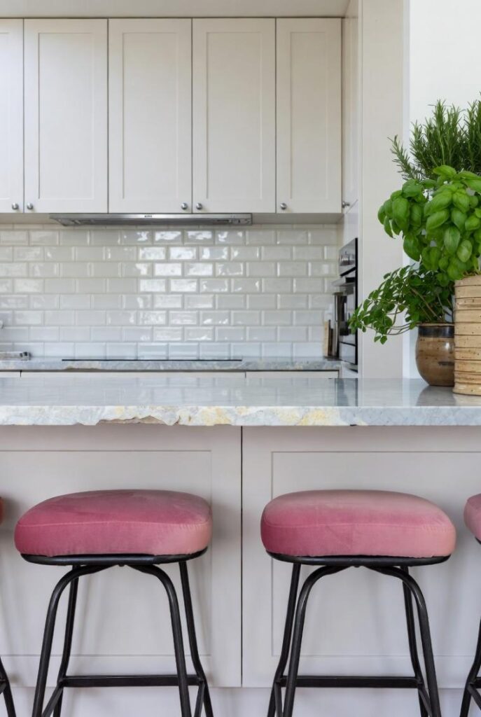 Cucina con ripiani marmo antico, cassetti soft-close, sgabelli ferro pink e backsplash metro: come abbinare arredamento antico e moderno.