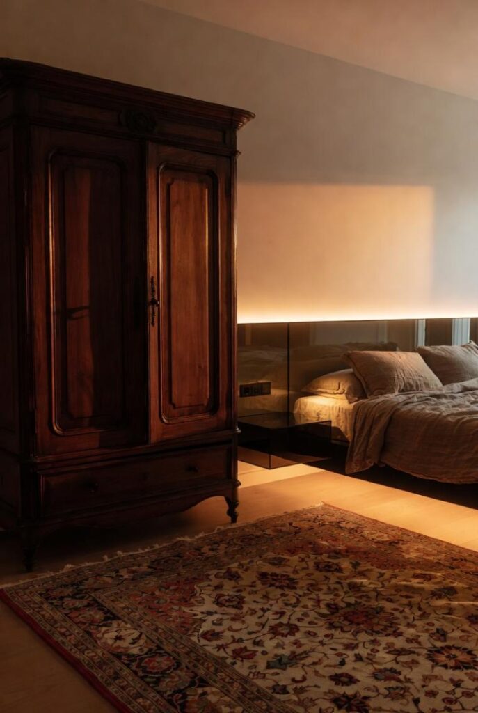 Camera da letto con armadio antico organizer IKEA, tappeto persiano e luci LED soffuse: come abbinare arredamento antico e moderno.
