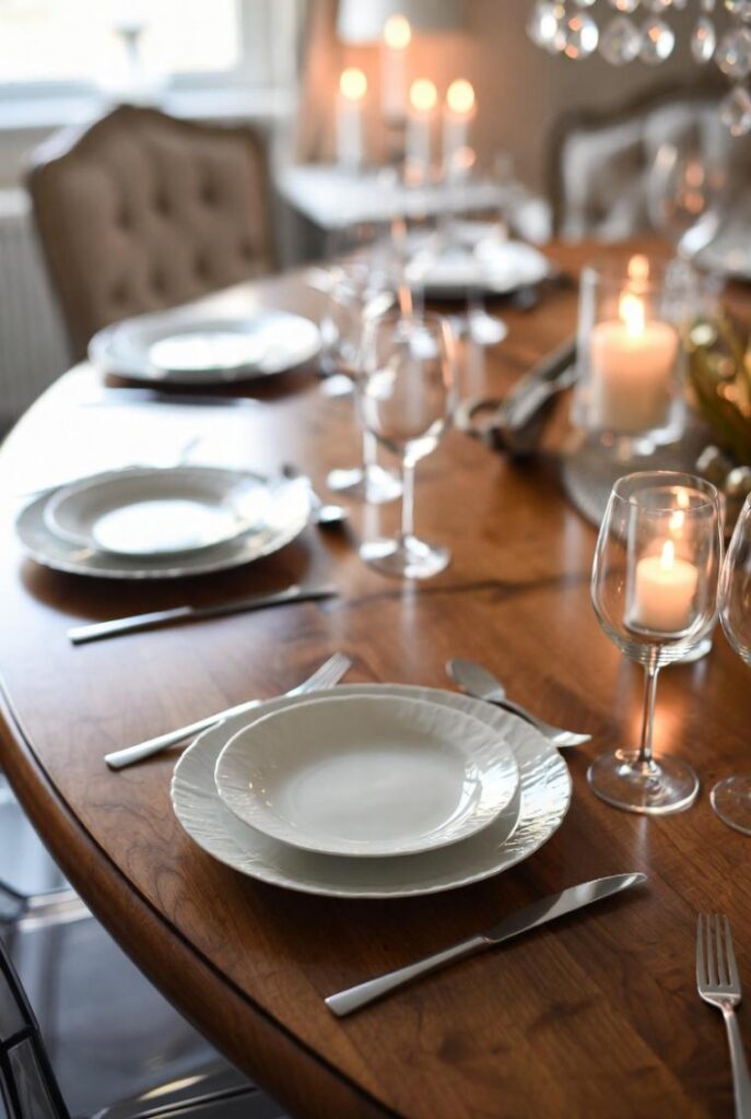 Tavolo apparecchiato con porcellane vintage, posate acciaio satinato e runner lino: eleganza ibrida per abbinare arredamento antico e moderno.