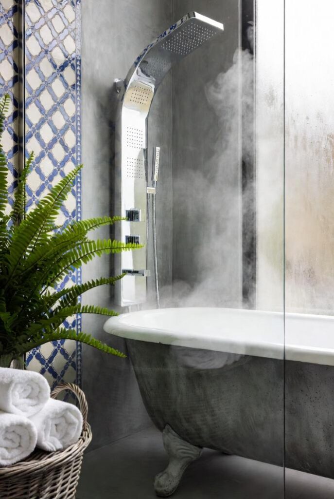 Vasca clawfoot antica con doccia rain modernissima: wellness tra antico charme e design per abbinare arredamento antico e moderno.