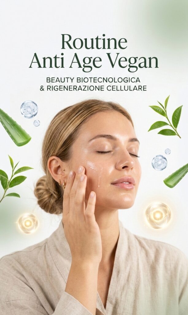 Donna rilassata che applica siero su pelle luminosa, circondata da aloe e tè verde per una Routine Anti Age Vegan con rigenerazione cellulare.