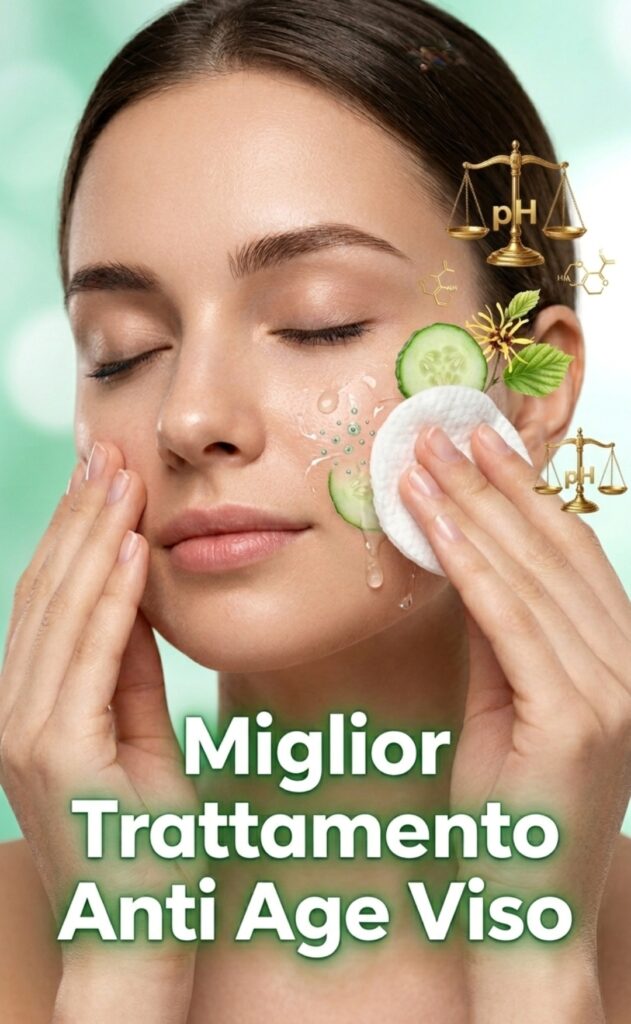 Donna che esegue il miglior trattamento anti age viso con un dischetto di cotone, fette di cetriolo fresche e icone dorate del pH in un'atmosfera spa moderna.