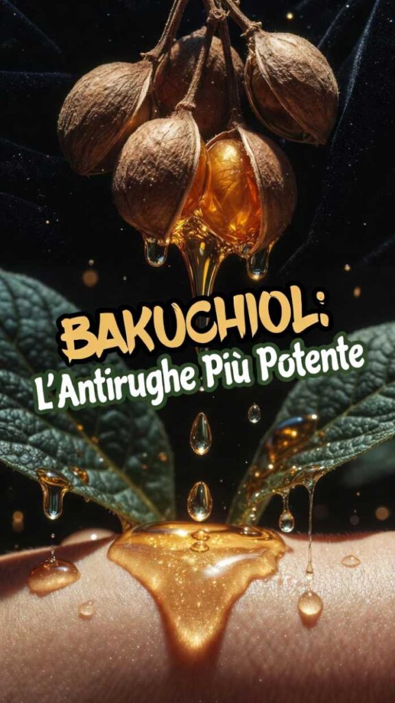 Gocce dorate di estratto puro di Psoralea corylifolia che cadono su una pelle levigata, illustrando il Bakuchiol: l'antirughe più potente in uno stile alchemico e naturale.