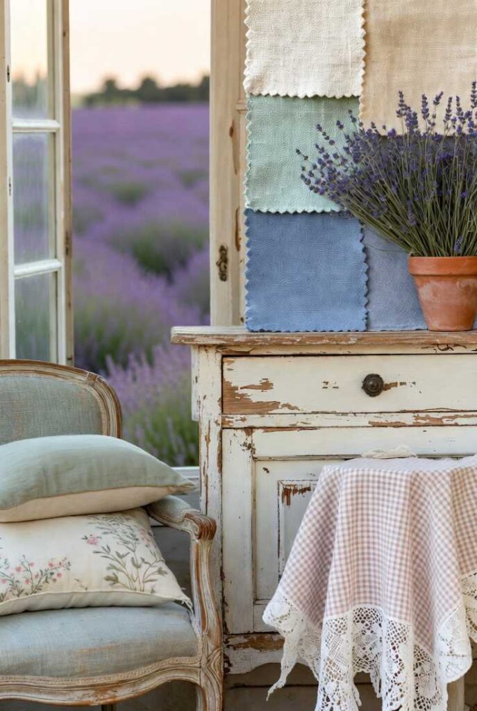 Palette colori pastello arredo provenzale shabby chic con azzurro, crema, salvia, rosa su tessuti e legno decapato, vista lavanda.