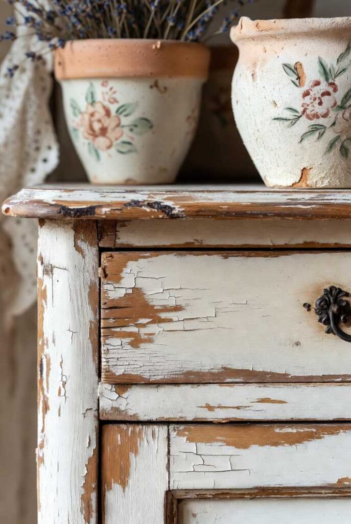 Dettaglio patina usurata arredo provenzale shabby chic su cassetto decapato con vasi ceramica floreali e lavanda secca.