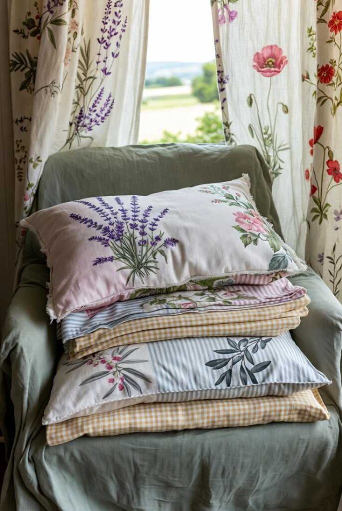 Motivi floreali arredo provenzale shabby chic con lavanda, rose, papaveri e ulivi su cuscini layered, tende e check vichy.