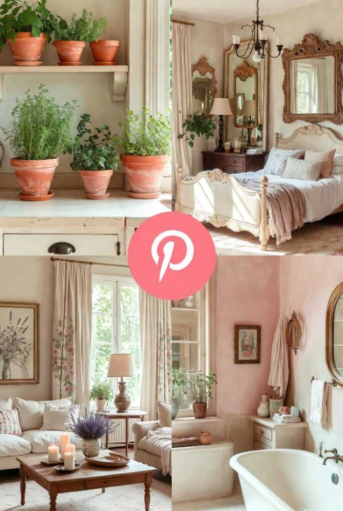 Collage versatile arredo provenzale shabby chic in cucina country, camera dreamy, soggiorno cozy e bagno spa con vasi terracotta e specchi anticati