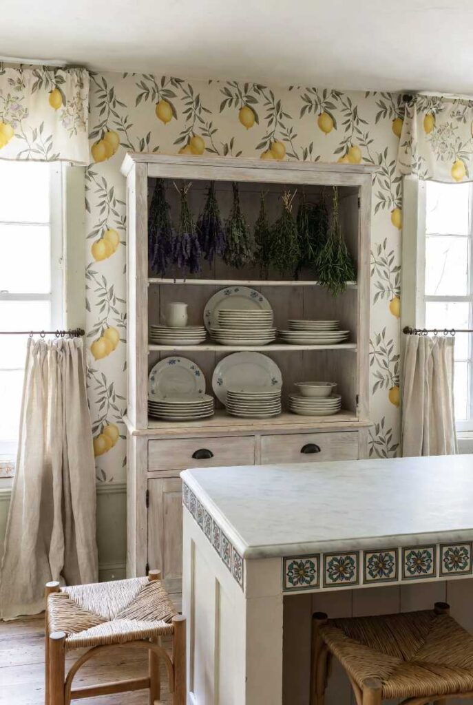 Cucina airy in stile provenzale shabby chic con credenza decapata, erbe appese come lavanda e rosmarino, isola marmo bianco, wallpaper pattern limoni gialli e ulivi, tende lino, sgabelli vimini, luce naturale calda.