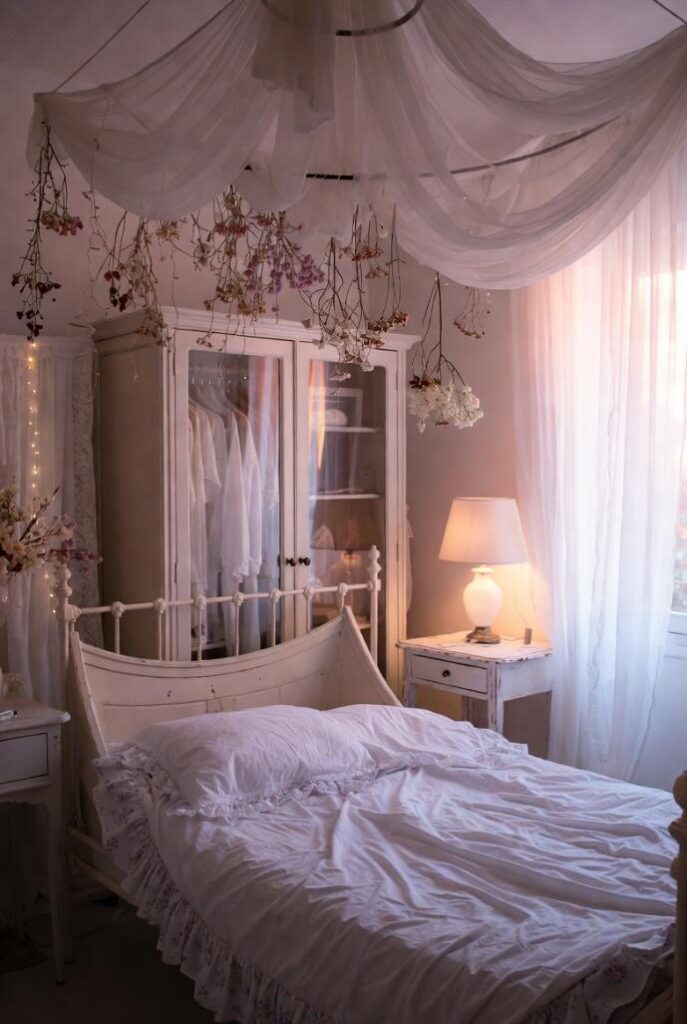 Camera da letto airy in stile provenzale shabby chic con letto in ferro battuto, lenzuola bianche fiorate, armadio vintage e baldacchino drappeggiato con fairy lights e fiori secchi, illuminata da luce naturale al tramonto.