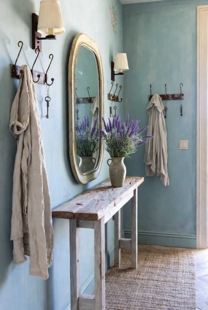 Ingresso luminoso in stile provenzale shabby chic con console legno grezzo, specchio ovale dorato, vaso lavanda, ganci ferro battuto con cappotti lino, tappetino juta, pareti azzurro polvere, luce mattutina naturale.