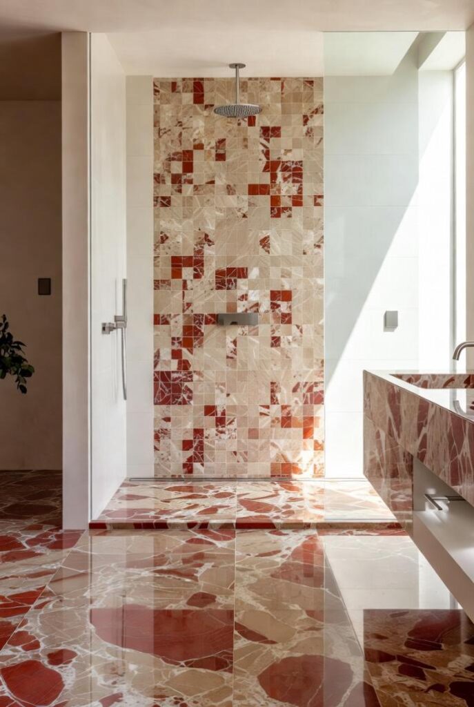 Bagno di lusso con pavimento in marmo rosso Verona lucido, doccia walk-in con rivestimento in mosaico coordinato e lavabo sospeso, stile interior design moderno e luminoso.
