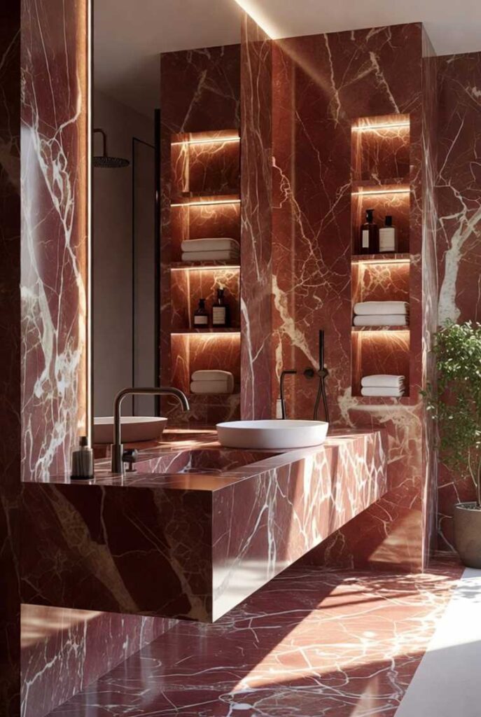 Arredamento bagno di lusso con pavimenti e rivestimenti in marmo rosso Verona, doccia moderna a filo pavimento con mosaico decorativo e lavabo sospeso in pietra naturale.
