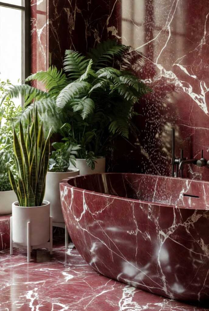 Arredamento bagno di lusso moderno in marmo rosso con venature bianche, vasca freestanding in pietra, lavabo integrato e illuminazione calda d'atmosfera.