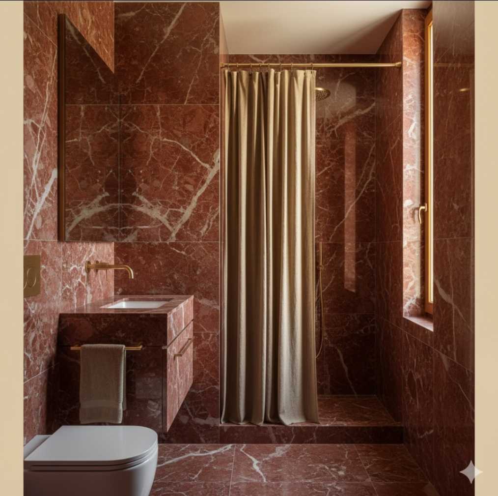 Bagno lussuoso con pareti e pavimento in marmo rosso Verona, rubinetteria in ottone dorato, tenda doccia beige in lino e lavabo sospeso in pietra.